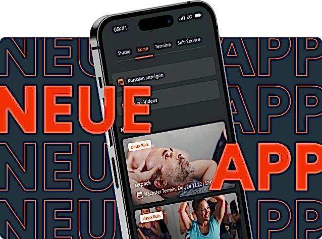 Ein Smartphone zeigt die geöffnete FitX-App mit einer Kursübersicht. Im Hintergrund steht in großer orangener Schrift NEUE APP auf dunklem Muster.