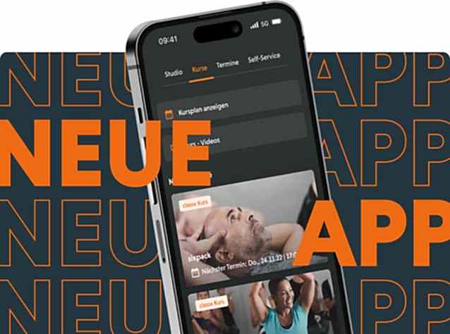 Ein Smartphone zeigt die geöffnete FitX-App mit einer Kursübersicht. Im Hintergrund steht in großer orangener Schrift NEUE APP auf dunklem Muster.